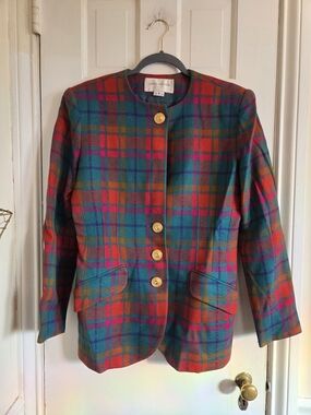 Jones New York Teal & Red Plaid Wool Blazer